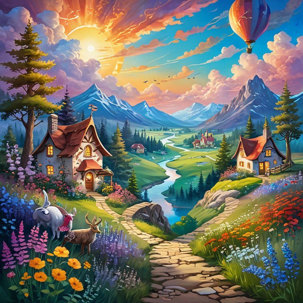 A whimsical landscape featuring a winding path leading through colorful meadows with fantastical flowers, playful animals, and a radiant sunrise illuminating the scene. Enveloped in a sense of joy and wonder, the path culminates in a sparkling, enchanted village in the distance. The sky is filled with soft, fluffy clouds and hints of magical creatures soaring above. vibrant colors. painting. serene atmosphere.