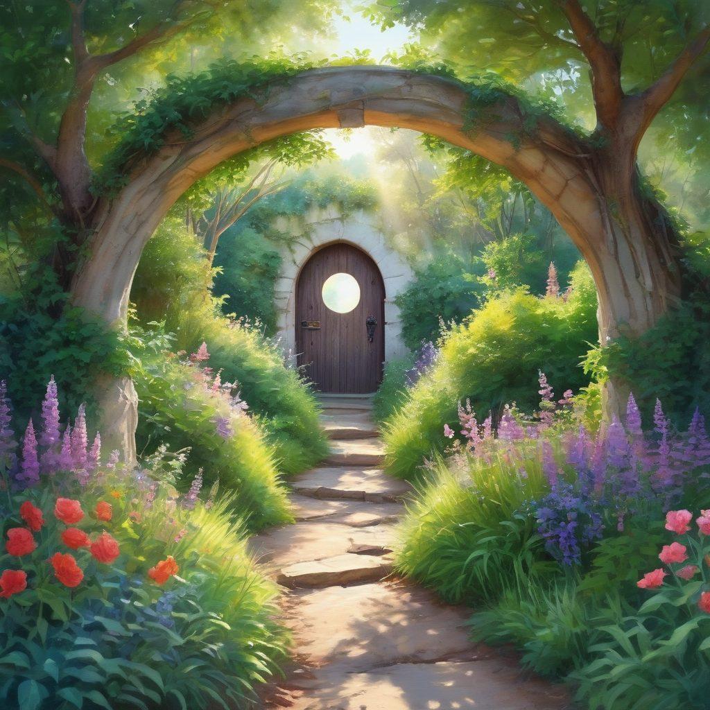 A serene landscape featuring a glowing keyhole surrounded by lush greenery and vibrant flowers, symbolizing the keys to joy and contentment. Include soft rays of sunlight breaking through the trees, illuminating the scene. A gentle stream flows nearby, enhancing the sense of peace and tranquility. Capture an inviting pathway leading towards the keyhole, inviting exploration. watercolor painting. soft pastels. dreamy atmosphere.